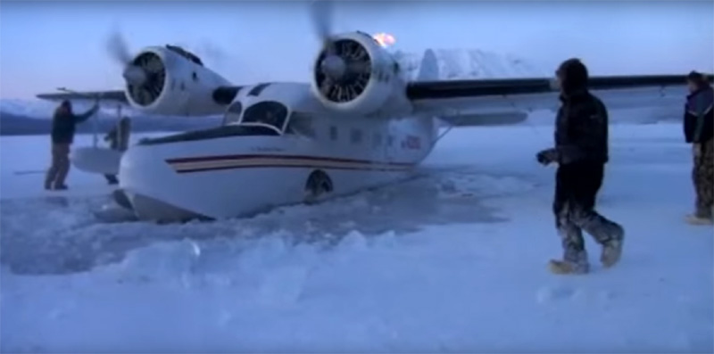 Grumman Goose seaplane in frozen water Alaska