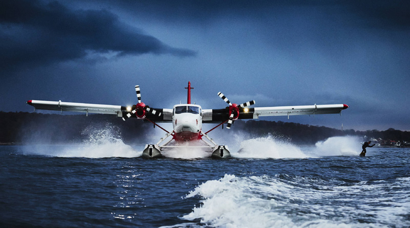 Seaplane towed the wakeboard athlete on the North Sea